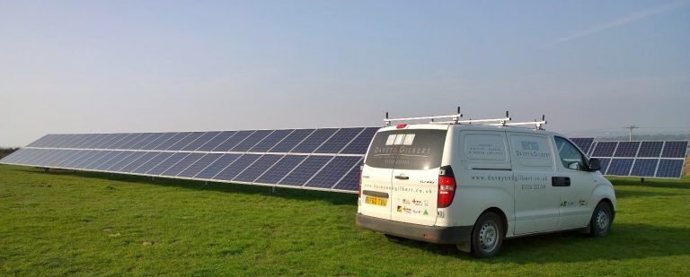 Large ground mounted solar PV array with a Davey & Gilbert van